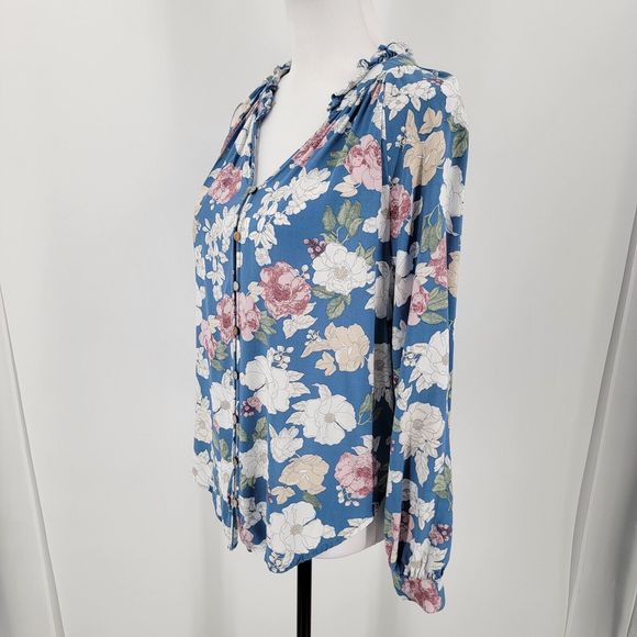 Alex & Jordan Blouse Womens Small Floral Blue Ruffle V Neck - Picture 3 of 10